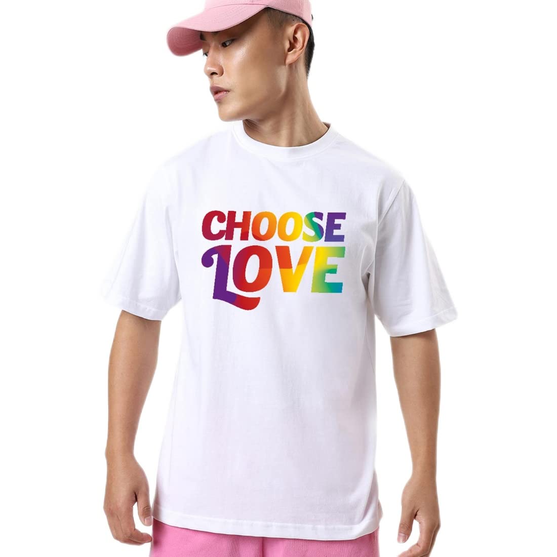 Bewakoof Mens White Choose Love Typography Oversized Fit Half Sleeve Round Neck Cotton T-Shirt