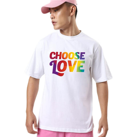 Bewakoof Mens White Choose Love Typography Oversized Fit Half Sleeve Round Neck Cotton T-Shirt