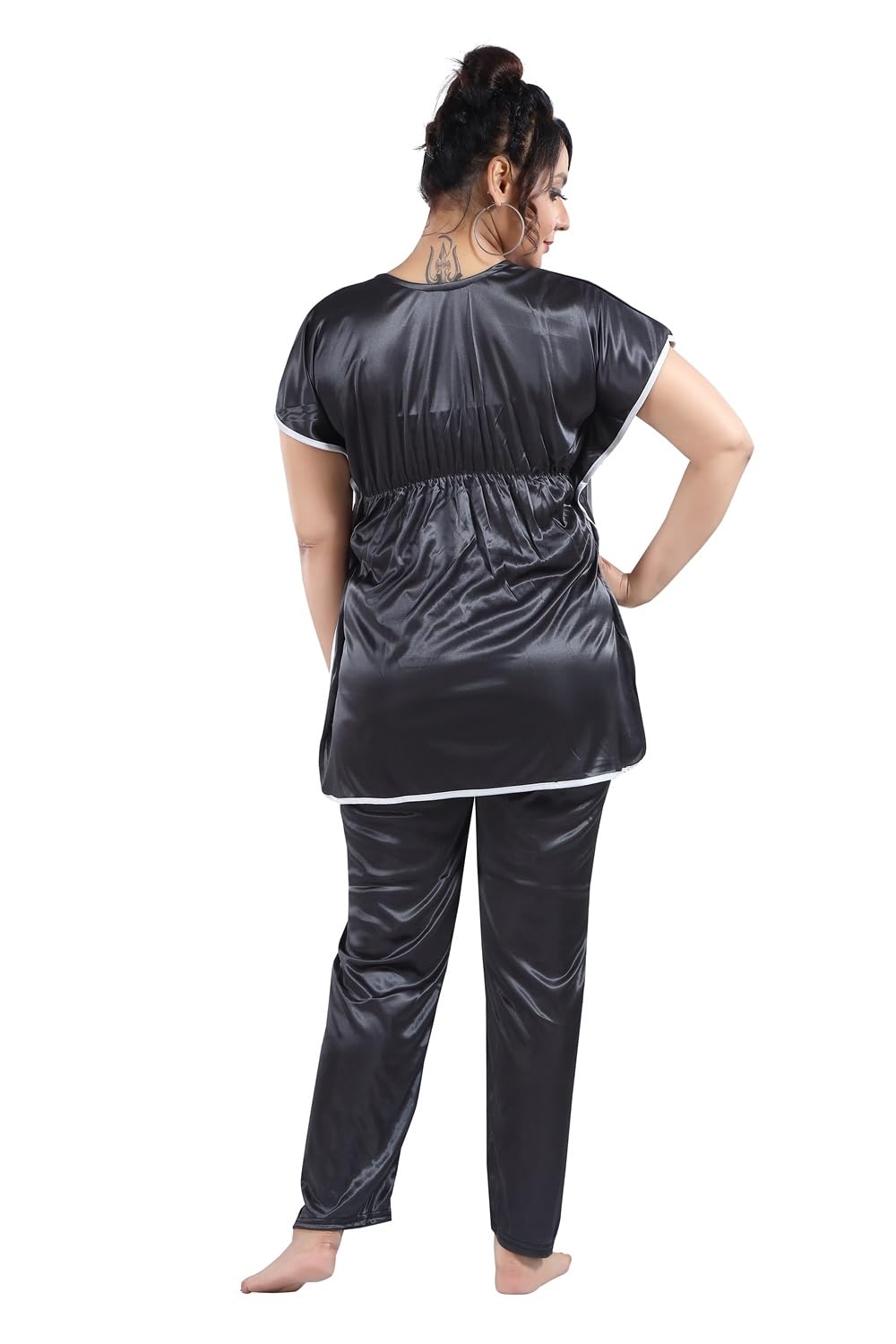 Fabme WomenS Satin Black Kaftan Top & Pyjama Set
