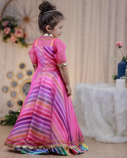 Naixa GirlS Satin Sleeveless Round Neck Pink Shrug With Multicolor Ethnic Printed Readymade Lehenga Choli Set For Every Occasio