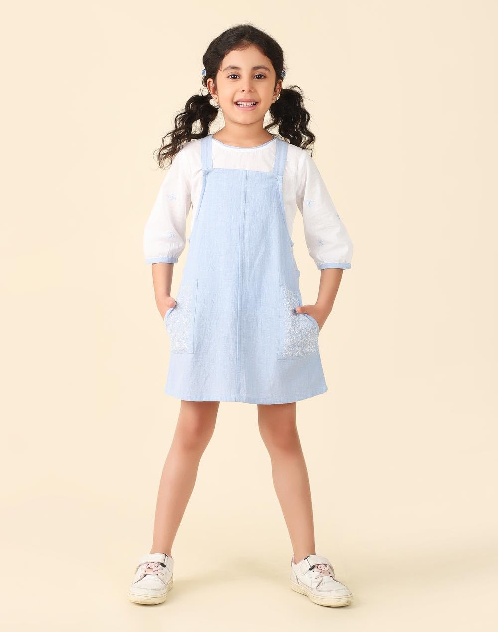 Fabindia Girl's Cotton Straight Waist Length Dungaree Set (2117925BLUE_Blue
