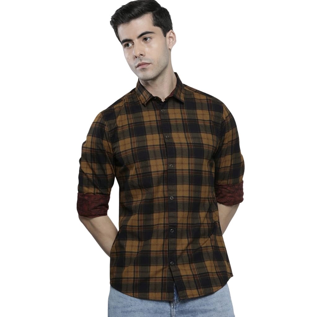 The Indian Garage Co Yellow Regular Fit Spread Collar Checkered Long Sleeves Shirt