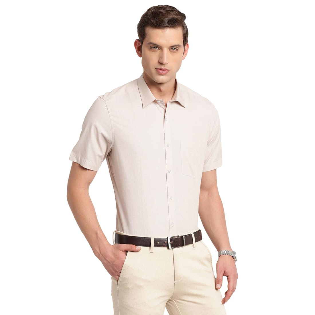 Turtle Men 100% Cotton Solid Slim Fit Beige Formal Shirt