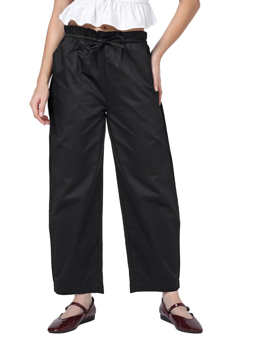 Bewakoof WomenS Solid Barrel Fit Cotton Satin Blend Casual Pants_687576_Black_26