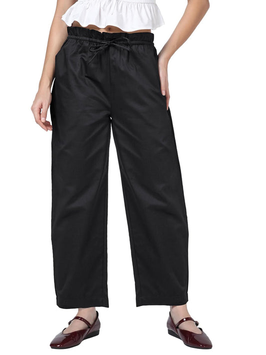 Bewakoof WomenS Solid Barrel Fit Cotton Satin Blend Casual Pants_687576_Black_26