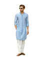 See Designs Men Full Sleeve Turquoise Blue Chanderi Silk Sequins Cotton Mandarin Collar Side Slit Kurta With Pyjama - Sd2Mkt_144