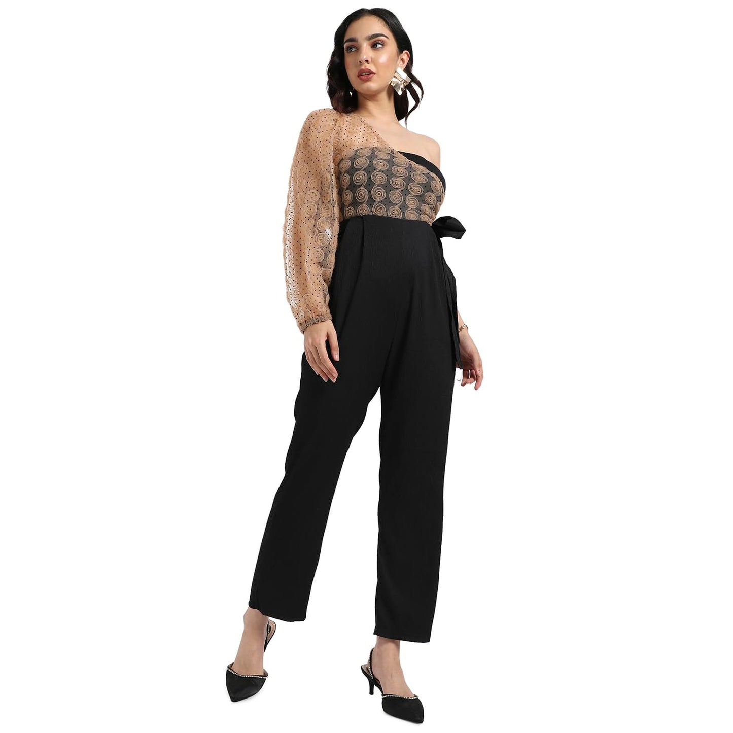 Campus Sutra Womens Pink Self-Design Jumpsuit With Tie-Up Details For Casual Wear | One-Shoulder Neck | Long Sleeve | Tie-Up Cl