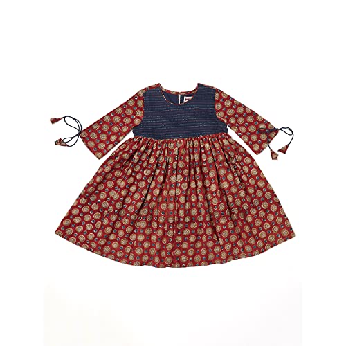 Fabindia GirlS Cotton Knee Length Dress Maroon_3-4 Year