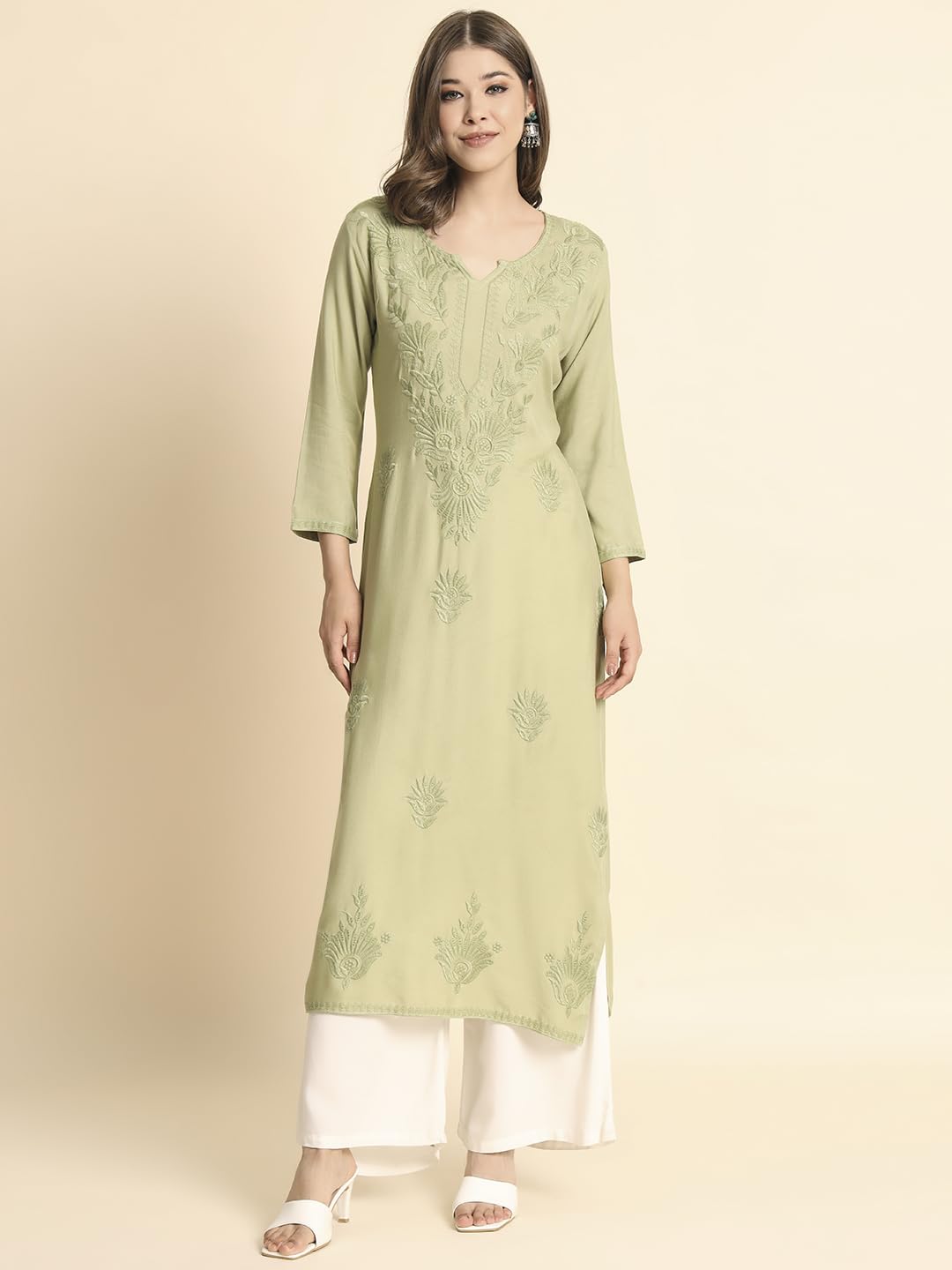 VAIRAGEE Womens Rayon Straight Cut Round Neck Kurta with Beautiful Lucknowi Chickenkari Work (1593) Olive Green
