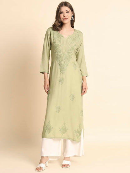 VAIRAGEE Womens Rayon Straight Cut Round Neck Kurta with Beautiful Lucknowi Chickenkari Work (1593) Olive Green