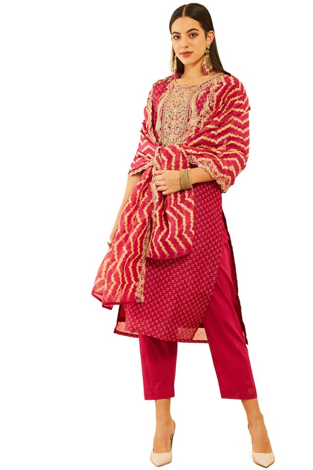 Soch Womens Wine Chanderi Bandhani Printed Suit Set With Sequins Work