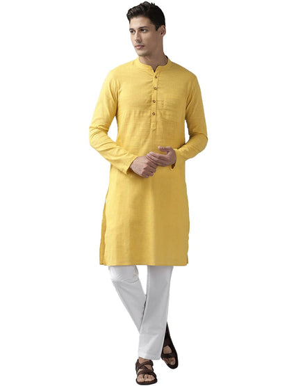 See Designs Yellow & White Cotton Regular Fit Kurta Set Madern Collar Stright Hem Side Full Sleeve Straght Kurta With Pyjama_Sdk