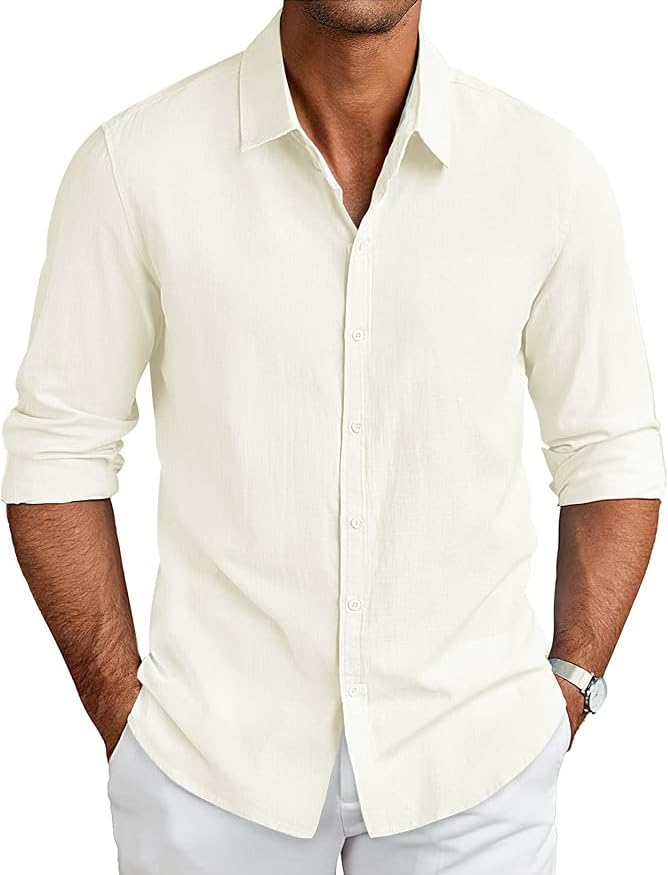 CB-COLEBROOK Mens Long Sleeve Button Down Shirts Casual Cotton Linen Shirts Summer Beach Shirt for Mens Top (in, Alpha, 2XL, Re