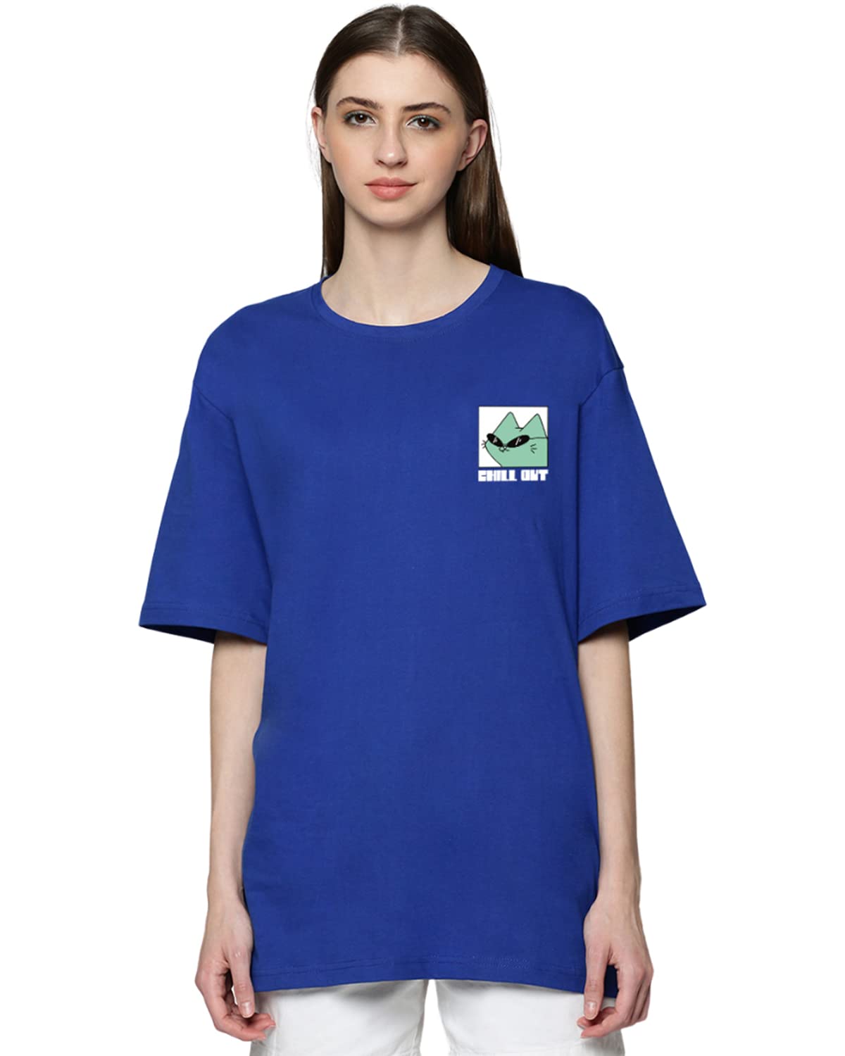 Veirdo Womens Oversize Loose Baggy Fit Drop Shoulder and Chill Out Pocket Print Design Short Sleeve T-Shi