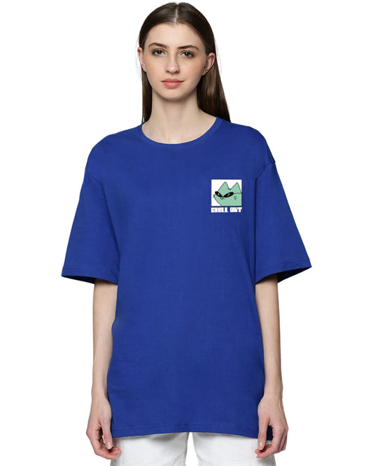 Veirdo Womens Oversize Loose Baggy Fit Drop Shoulder and Chill Out Pocket Print Design Short Sleeve T-Shi