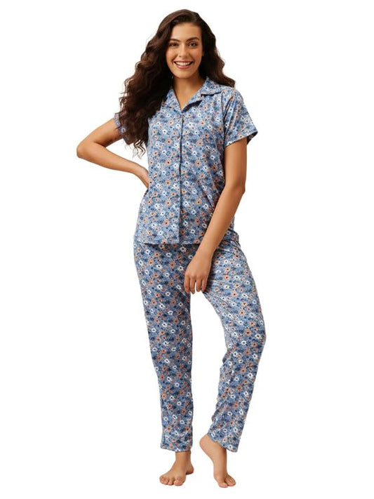 Clovia Womens Floral Shirt & Pyjama Night Suit Set (LS0788A03_Blue_S)