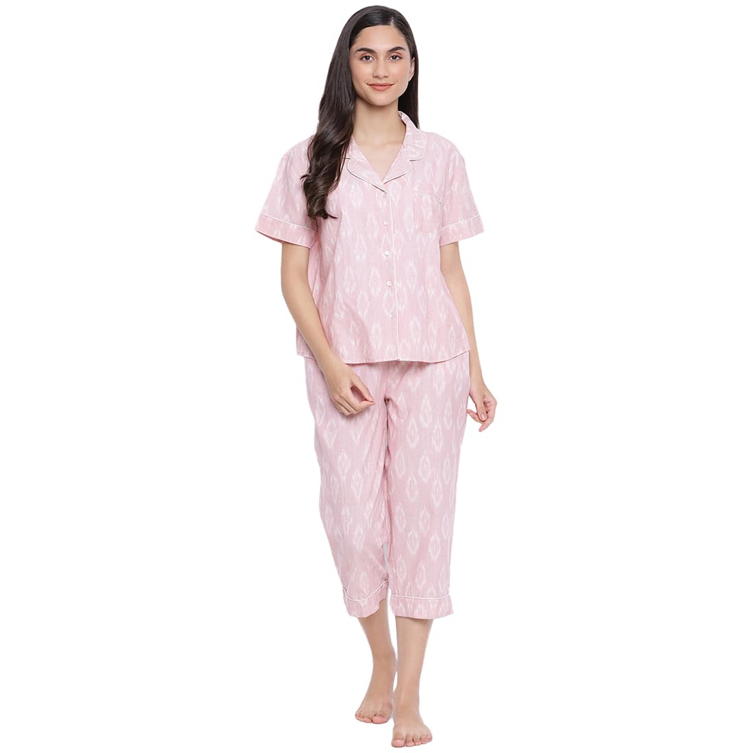 Fabindia Women'S Cotton Mid Thigh Length Casual Regular Night Suit Set (102417101_Pink_S)