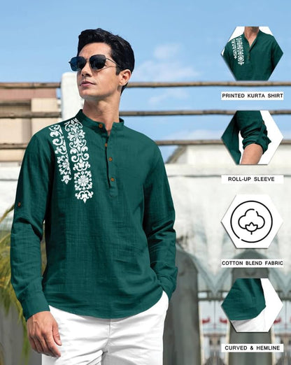 Finivo Fashion MenS Cotton Blend Short Kurta Shirt | Casual Ethnic Wear With Roll-Up Sleeves & Mandarin Collar | Comfortable Fi