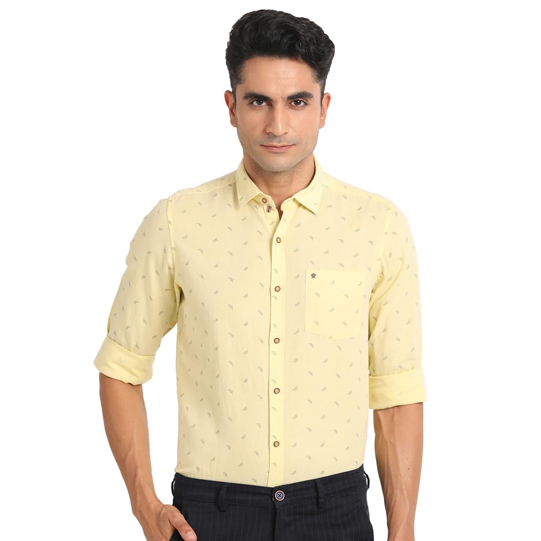 Turtle Men Cotton Linen Slim Fit Yellow Printed Casual Shirt