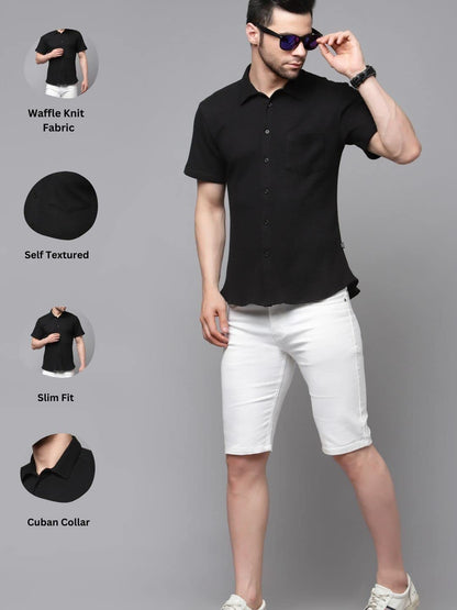Rigo Waffle Knit Self-Textured Slim Fit Shirt for Mens | Half Sleeve Shirt for Men | Summer Shirts for Men Black