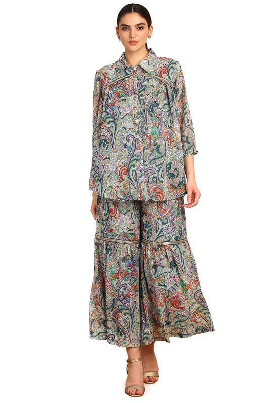 Soch Womens Teal Ethnic Motifs Print Georgette Blend Co-Ord Set With Sequins