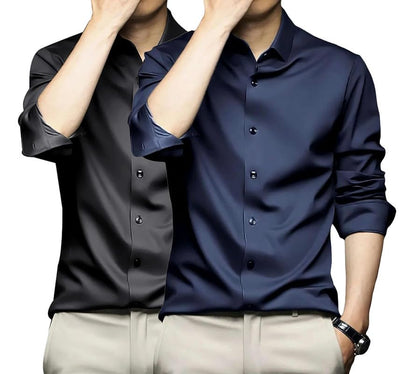 Deelmo Combo Of MenS Stylish Solid Satin Casual Shirt For Men Full Sleeves| Poly Satin Silk Shirt Pack Of 2 Black-Navy
