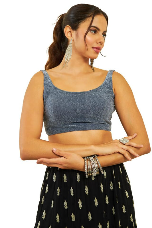 Soch Womens Navy Blue Net Shimmery Scoop-Neck Back-Open Sleeveless Blouse