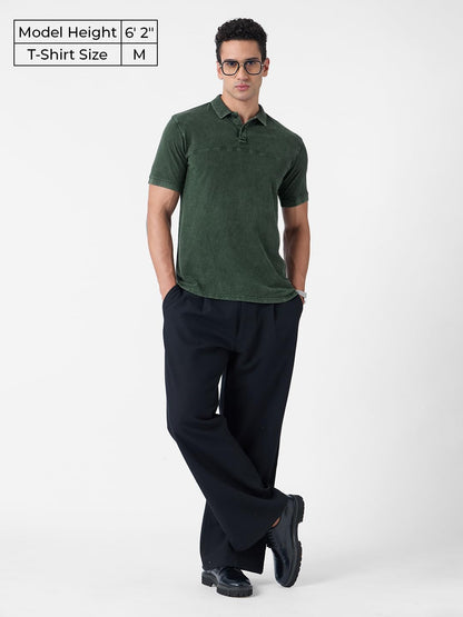 The Souled Store Vintage Wash: Olive Men and Boys Short Sleeves Polo Collar Solid Cotton Regular Fit T-Shirts