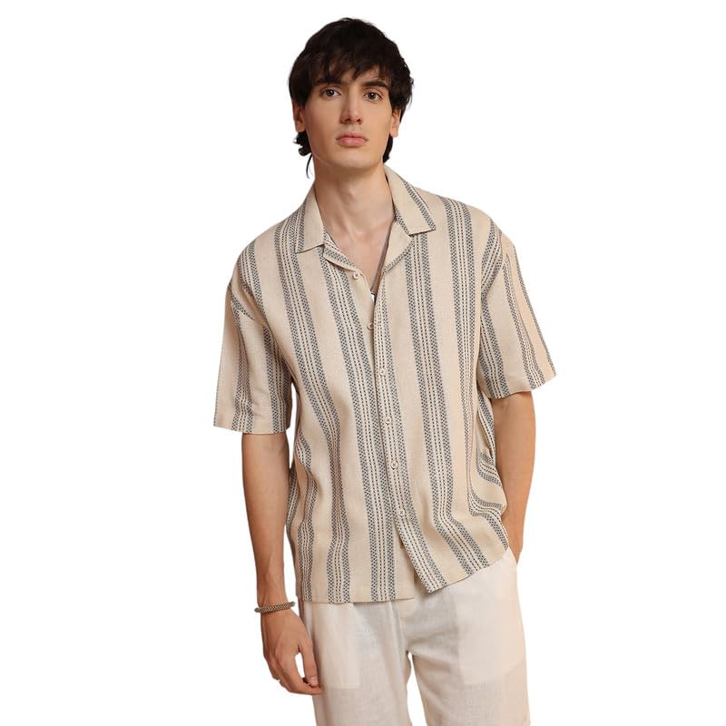 Campus Sutra Mens Saltbox Beige Woven Striped Oversized Shirt for Casual Wear | Cuban Collar | Short Sleeve | Button Closure |