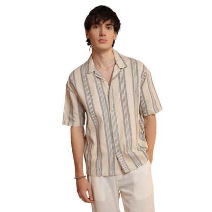 Campus Sutra Mens Saltbox Beige Woven Striped Oversized Shirt for Casual Wear | Cuban Collar | Short Sleeve | Button Closure |