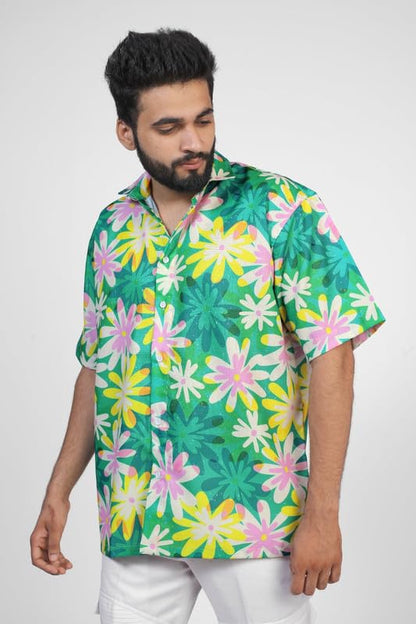 Brown Culture MenS Cotton Blend Leaf Print Shirt With Spread Collared Half Sleeves Standard Length And Button Down Closure Type