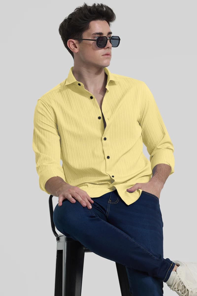 Finivo Fashion MenS Casual Cotton Plain Button Down Shirts Full Sleeve Textured Summer Beach Shirt For Men Yellow
