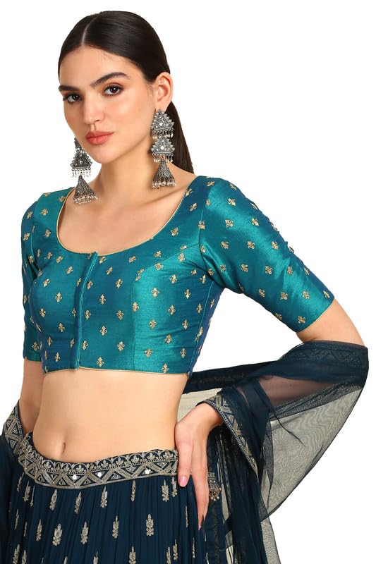 Soch Womens Teal Zari Embroidered Art Silk Padded Blouse With Sequins