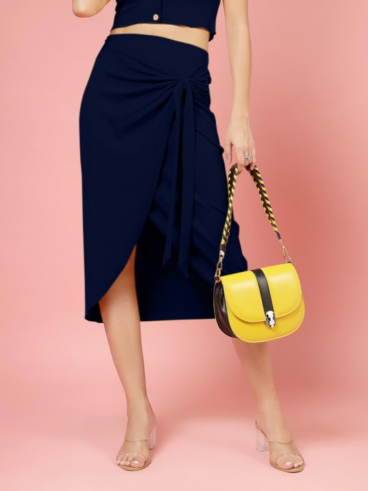 OOMPH! Stertchable Ribbed Wraparound Lycra Skirt for Women Blue - msk089