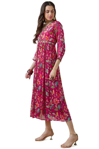 Soch Womens Fuchsia Chinon Floral Print Gathered Dress With Mirror Work