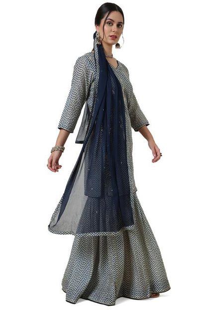 Soch Womens Blue Chanderi Abstract Print Suit Set With Gotta Patti