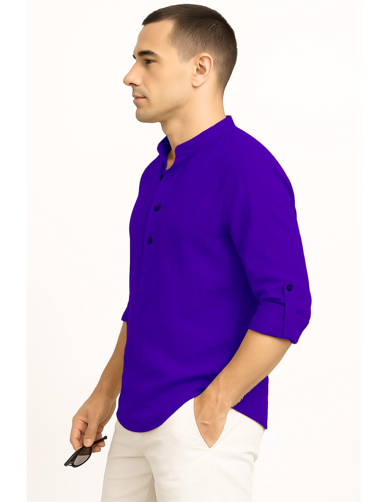 Deelmo MenS Cotton Blend Solid Regular Fit Full Sleeve Short Kurta | MenS Trendy Short Kurta Royal Blue