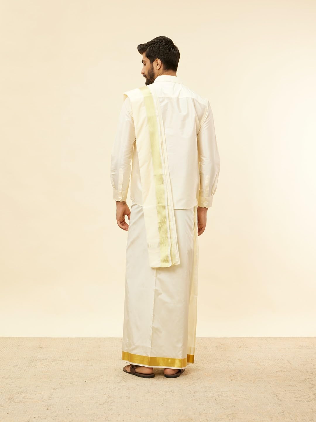 Manyavar Mens Cream Art Silk Solid Kurta Veshti Set