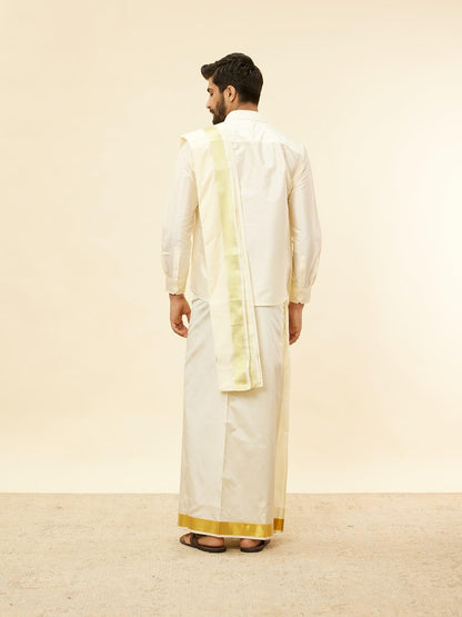 Manyavar Mens Cream Art Silk Solid Kurta Veshti Set