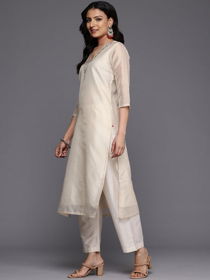 Varanga Women Off White Zari Embroidered And Sequinned Kurta Set With Dupatta