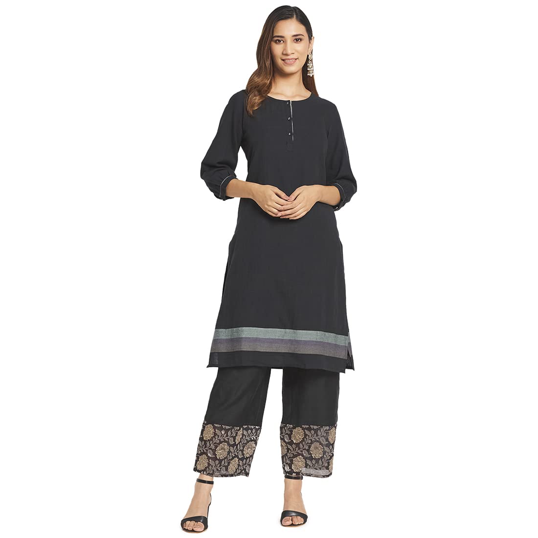 Fabindia Women Cotton Hand Woven Knee Length Kurta Black_S