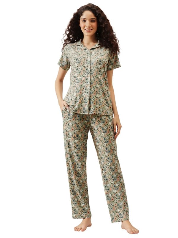 Clovia Womens Floral Shirt & Pyjama Night Suit Set (LS0788P11_Green_M)