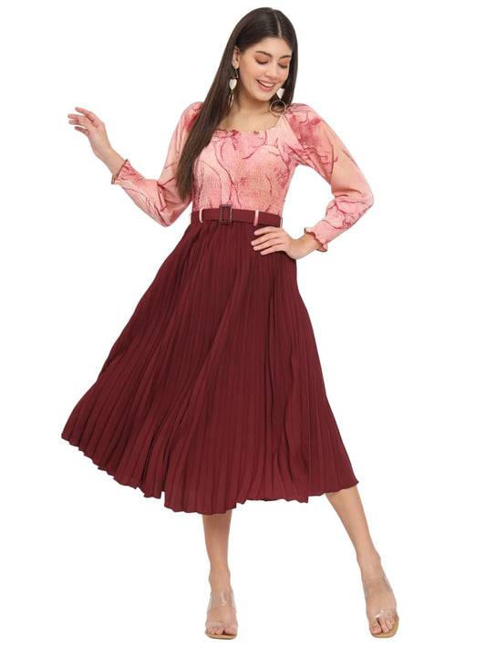 Kzully WomenS Knee-Length A-Line Dress With Pleats, Has An Square Neck, Printed Top Comes With A Belt Maroon