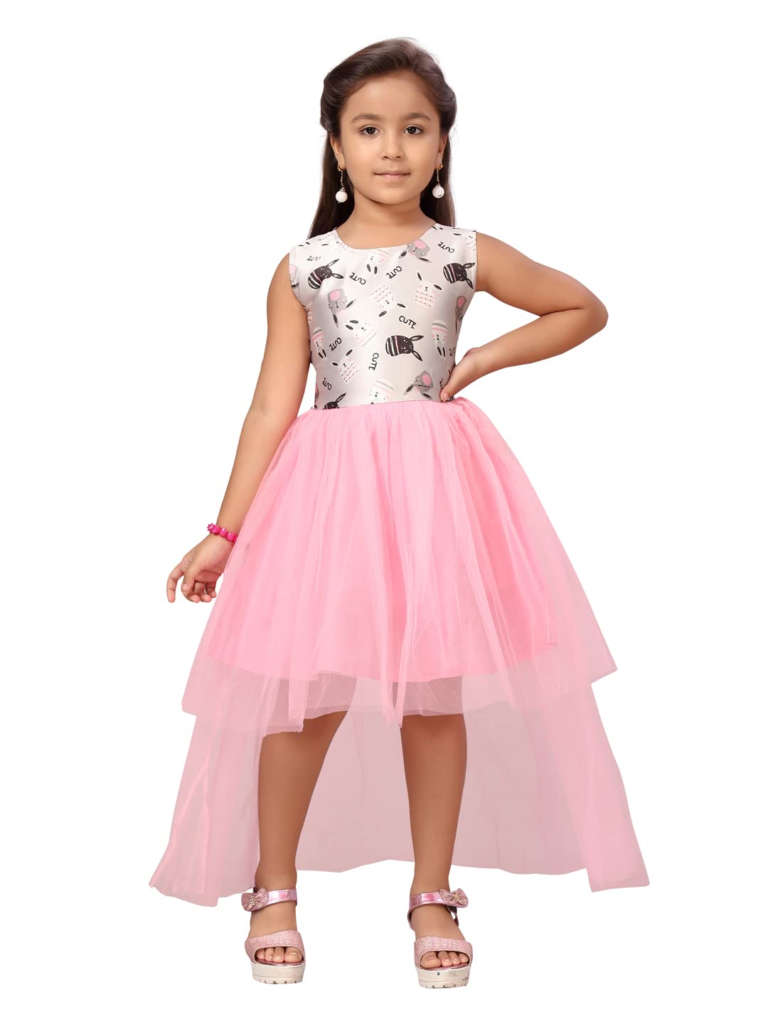 Aarika Girl's Nylon Skater Knee-Length Dress (FK-A-22157_Pink_28)