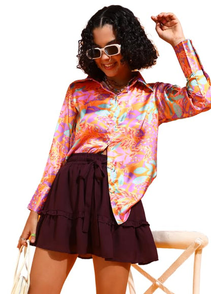 POPWINGS Printed Full-Sleeves Regular-Fit Satin Printed Shirt for Women Stylish Western Casual Wear