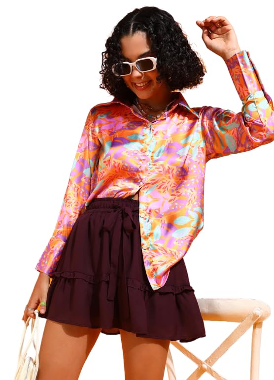 POPWINGS Printed Full-Sleeves Regular-Fit Satin Printed Shirt for Women Stylish Western Casual Wear Multicolour