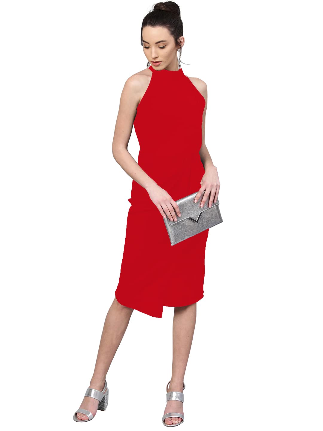 Shasmi Polyester Blend Bodycon Knee-Length WomenS Elegant Halter Neck Pleated Flounce Sleeveless Midi Dress (Dresses For Tops_R