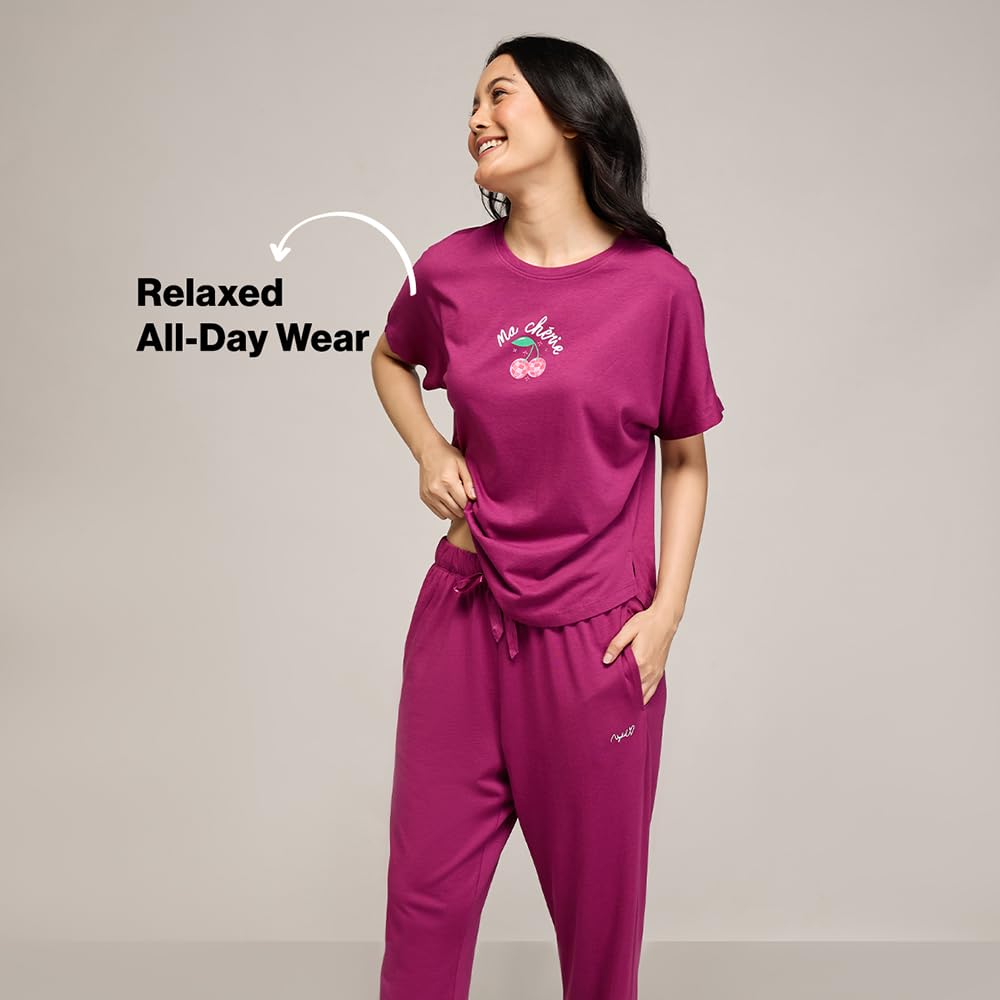 NYKD (NYS932 Soft Modal Cotton Coords Night Suit for Women | Relaxed Fit Round Neck T-Shirt with Extended Shoulder Sleeves, Pyja