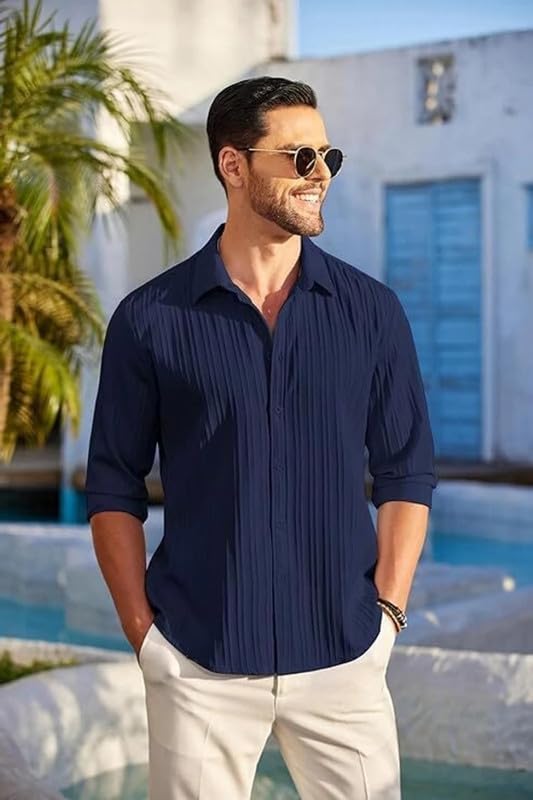 Deelmo Combo Of MenS Casual Button Down Shirts Long Sleeve Linen Shirt Fashion Textured Summer Shirts Pack Of 2