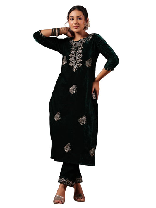 ishin Women's Velvet Ethnic Motifs Zari Green Straight Kurta Suit Set with Trousers